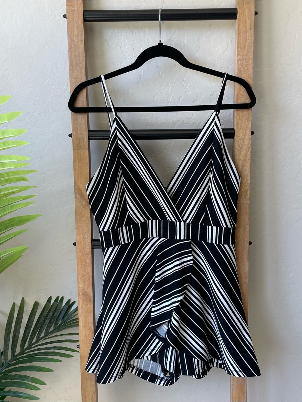 Privy Black and White Striped Romper with Wrap V-Neck